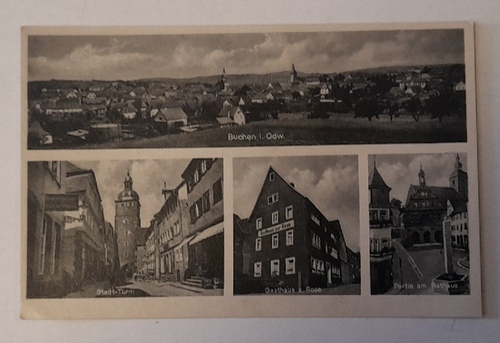 Buchen  Ansichtskarte AK Buchen im Odenwald. 4 Motive (Gesamtansicht, Stadt-Turm, Gasthaus z. Rose, Partie am Rathaus) 