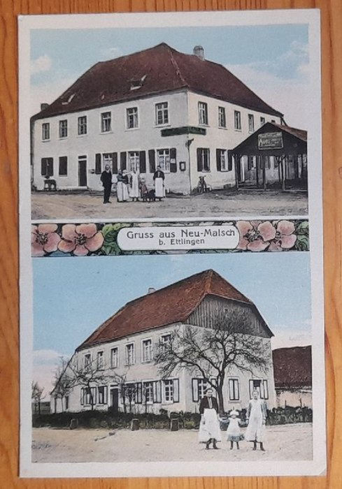   Ansichtskarte AK Gruss aus Neu-Malsch b. Ettlingen (2 Bilder, eines Gasthaus) (Stempel Malsch Amt Ettlingen) 