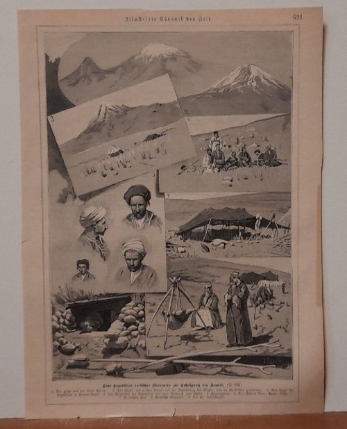   Holzschnitt "Eine Expedition russischer Studenten zur ersteigung des Ararat" (9 Ansichten u.a. der Leiter Baba-Ahmet-Ogly, Kurden) 