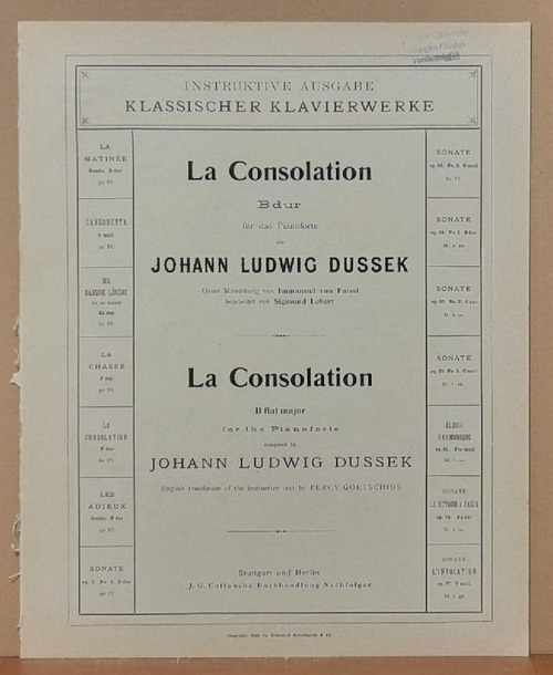 Dussek, J.L. (Johann Ludwig auch Ladislaus); Immanuel (Mitw.) von Faisst und Sigmund (Bearb.) Lebert  La Consolation B dur für das Pianoforte / B flat major for the Pianoforte 