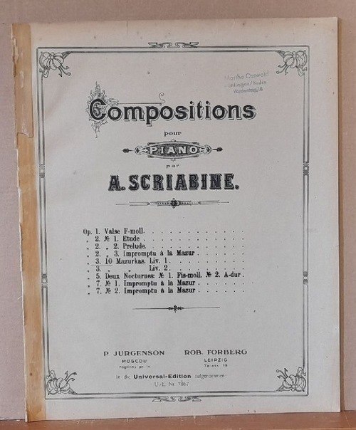 Scriabine, A.  Compositions pour Piano Op. 3 No. 10 Mazurkas Liv. 1 