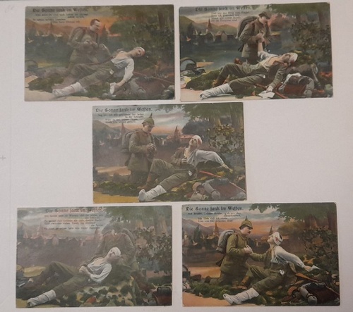   5 x Ansichtskarte AK "Die Sonne sank im Westen" (5 verschiedene Motive mit Abschiedszenen / Sterbeszenen und Sprüchen von Soldaten im 1. Weltkrieg) 