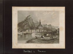 (Powell)  Dinant (Stahlstich "Gesamtansicht ber die Maas mit obengelegener Burg, Waschfrauen und Booten) 