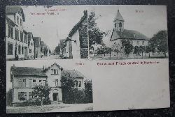   Ansichtskarte "Gruss aus Friedrichstal bei Karlsruhe" (3 Ansichten, Schule, Kirche, Linkenheimerstrae Gasthaus Zum Waldhorn") 