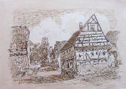 Wollensack, Karl  Original-Zeichnung "Alte Fachwerkhuser in Nttingen" 
