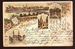   Ansichtskarte AK Gruss aus Ingoldstadt. Litho (4 Motive) (Kriegerdenkmal, Kreuzthor, Rathhaus mit Pfarrkirche, Totale) 