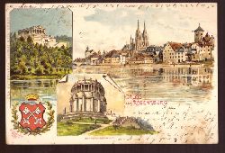   Ansichtskarte AK Regensburg. Gruss aus. Litho (4 Motive) (Walhalla, Befreiungshalle, Totale, Wappen) 