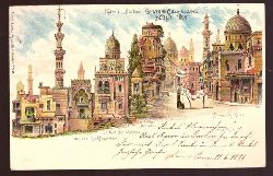   Ansichtskarte AK Berlin. Kairo in Berlin. Gewerbe-Ausstellung Berlin 1896. Farblitho (aus den Khalifengräben, Die Kait-Bey-Moschee, Der heilige Brunnen, Strasse in Kairo) 
