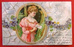  Ansichtskarte AK Prgekarte mit Motiv "Junge Frau mit Liebesbrief und Sprchlein im blumenumrankten Goldrahmen" 