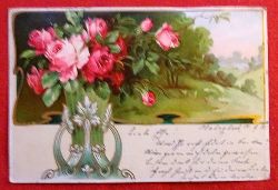   Ansichtskarte AK "rote Rosen in Jugendstil-Vase mit Landschaft (Farblitho) 