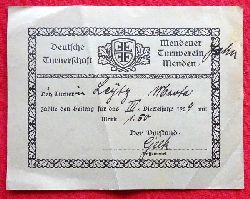 Turnverein Menden  Quittung  des Mendener Turnverein Menden / Deutsche Turnerschaft fr bezahlten Beitrag III. Vierteljahr 1929 (fr einen Leytz) 