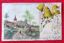   Ansichtskarte AK Fröhliche Ostern (Farblitho Einsamer Wanderer vor Kirche mit Weidenkätzchen und Kirchenglocken) 
