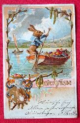   Ansichtskarte AK Ostergrsse (Knstlerkarte, Farblitho v. R. Joost. Osterhase mit Ostereiern beim bersetzen mit einem Boot u. Wappen) 