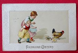  Ansichtskarte AK Fröhliche Ostern (Künstlerkarte. Prägekarte. Kinder mit Henne und Küken) 