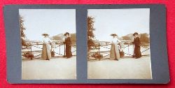   Original Stereoskopie.-Fotografie (Stereobild. Stereophotographie). Paris 1913. 2 moderne Frauen an der Seine 