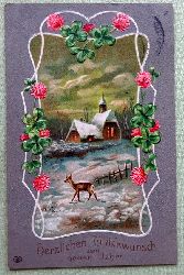   Ansichtskarte AK Herzlichen Glckwunsch zum Neuen Jahr (Prgekarte mit Blumen, Kirche und Reh im Schnee) 