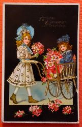   Ansichtskarte AK Herzlichen Glckwunsch zum Geburtstage (2 Mdchen mit Blumenkrben und Kinderwagen. Prgekarte) 