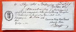   Paketschein v. 11. November 1833 fr ein Paket von "angeblich Siebenzig und fnf Gulden 48p" fr Taxe 4kr 