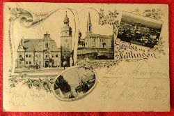   Ansichtskarte AK Gru aus Ettlingen (4 Motive) (Rathaus, Ev. Kirche, Totalansicht, Blick in die Stadt) 