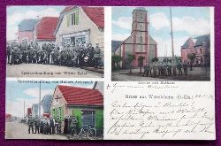   Ansichtskarte AK Gruss aus Wittelsheim (Ober-Elsass) (Spezereihandlung von Witwe Egler, Spezereihandlung von Hubert Armspach, Kirche mit Rathaus) 