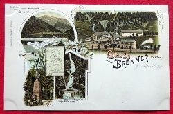   Ansichtskarte AK Gruss vom Brenner, 1372m. Farblitho (Brennersee, Etzel-Denkmal,, Brenner-Wasserfall, Bahnhof) 