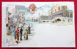   Ansichtskarte AK Saluti da Venezia (Venedig). Farblitho. Ponte Rialto / Palazzo Ducale 