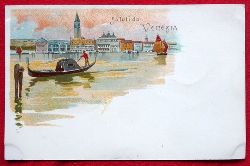   Ansichtskarte AK Saluti da Venezia (Venedig). Farblitho. Gondoliere am Canale Grande 
