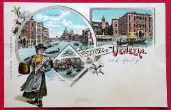   Ansichtskarte AK Ricordo di Venezia (Venedig). Farblitho. Ponte di Rialto, Canale Grande, Palazzo Cavalli, Wassertrgerin 