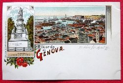   Ansichtskarte AK Ricordo di Genova (Genua). Monumento a Christoforo Colombo, Hafenansicht. Farblitho 