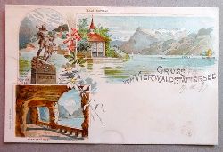   Ansichtskarte AK Gru vom Vierwaldstttersee. Farblitho. 3 Ansichten. Wilhelm Tell, Tells-Kapelle, Axenstrasse 