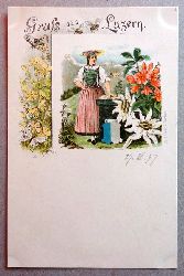   Ansichtskarte AK Gru aus Luzern. Farblitho. Blumen und Tracht 