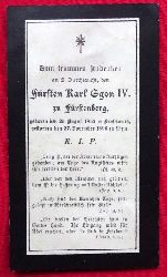 Karl Egon IV zu Frstenberg  Totenzettel fr Frst Karl Egon IV. zu Frstenberg (25. August 1852 Kruschowitz - 27. November 1896 Nizza) (mit Sprchlein und umseitig Heiligenbild) 