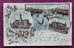   Ansichtskarte AK Gruss aus Bremen. Farblitho 3 Ansichten (Freihafen, Hafenhaus, Brse) 
