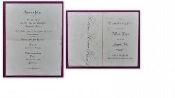   Einladungskarte mit Speisenfolge zur Vermhlungsfeier von Frulein Marie Kiefer mit Herrn August Fels im Hotel Stoffleth, Karlsruhe, den 12. November 1894 (Einladung ging an den Karlsruher Verleger und Brger Heinrich Knaus) 