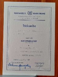   URKUNDE "fr Emil Leopold KTV 46. 3 Sieger im 3-Kampf beim Kreisturnfest 6.-8. Juli 1957 im Wettkampf Nr. 17, Liedolsheim 1957" 