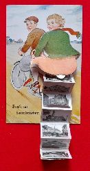   AK Ansichtskarte Gru aus Saarbrcken. Humorvolle Kunstkarte mit Leporello mit 10 Miniansichten in s/w unterm Rock der Mitfahrerin 