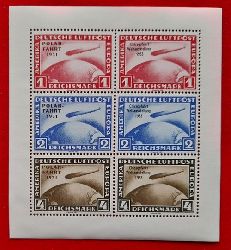   6er Block Briefmarken Deutsche Luftpost 1, 2, 4 Reichsmark ungestempelt Polarfahrt 1931 und Chicago-Weltausstellung 1933 (Faksmile) 
