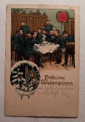   AK Frhliche Weihnachten (Farblitho Grusskarte aus Metz (hinten so gestempelt), Soldaten bei der Mahlzeit und beim Bier trinken) 