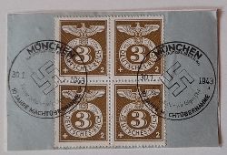   Briefstck mit 4 Briefmarken (4er Block 3+2 Pfennig Deutsches Reich)mit 2 sauberen Stempeln Mnchen 10 Jahre Machtbernahme 30.1.1943 