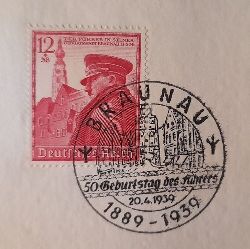 Hitler  Briefstck mit Briefmarke Deutsches Reich 12+38 mit sauberem Stempel Braunau 1889-1939 50. Geburtstag des Fhrers 
