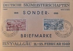   Klappkarte Deutsche Skimeisterschaften Isny / Allgu 11.-13. Februare 1949 mit 2 x Sonderbriefmarke Wrttemberg 20+6 und 10+4 Franzsische Zone, 2 Sonderstempel 