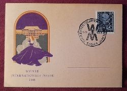  Postkarte Wiener Internationale Messe 6.10. - 13.10.1946 mit Wert 15g und seltenem Stempel WIM Fahrbares Telephon Telegrafenamt 6.10.46 