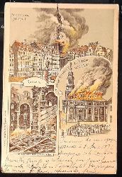   Ansichtskarte AK Dresden. Ansicht von Altmarkt. Brand der Kreuzkirche zu Dresden 16. Februar 1897, 3 Ansichten (Farblitho) 