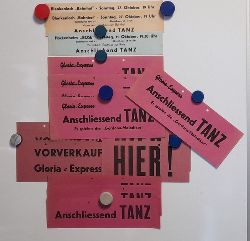 GLORIA-EXPRESS  Sammlung von Ankndigungszetteln fr das Variete GLORIA-EXPRESS Karlsruhe 1 x Hockenheim ("Gasthaus Rose") 1x Blankenloch ("Bahnhof"), bzw. fr anschlieende Tanzveranstaltungen, 5 x mit Gerdona-Melodiker; 3 x "Anschlieend Tanz"; 3 x VORVERKAUF HIER Glor 
