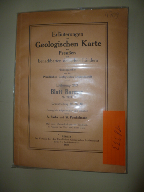 Fuchs, A. und W. Paeckelmann  Erläuterungen zur Geologischen Karte von Preußen und benachbarten deutschen Ländern. - Lieferung 263 - Blatt Barmen - Nr. 2721, Gradabteilung 52, Nr.48. 