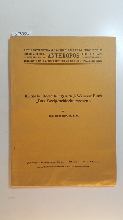Mayer, Joseph  Kritische Bemerkungen zu J. Winthuis' Buch - Das Zweigeschlechterwesen 