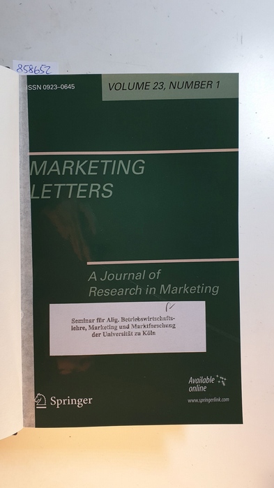 Frank Kardes ; joel Steckel [Hrsg.]  Marketing Letters. A journal of Research in Marketing Vol. 23, 2012 Komplett. 