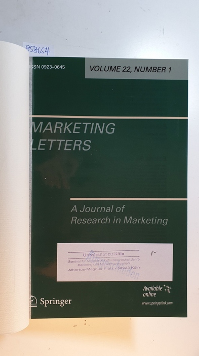 Frank Kardes ; joel Steckel [Hrsg.]  Marketing Letters. A journal of Research in Marketing Vol. 22, 2011 Komplett. 