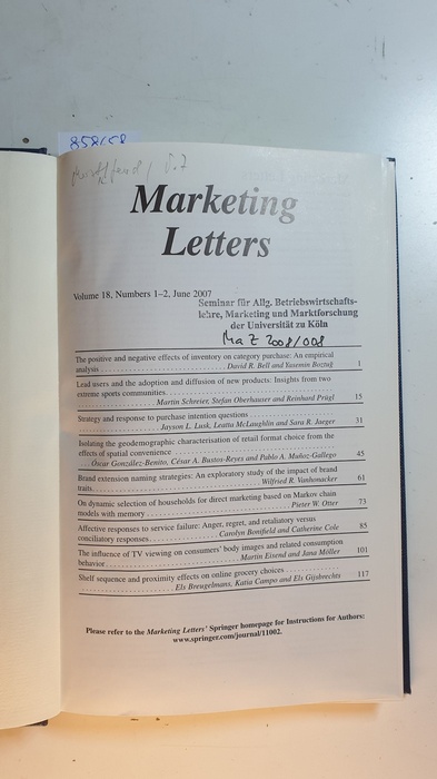 Frank Kardes ; joel Steckel [Hrsg.]  Marketing Letters. A journal of Research in Marketing Vol. 18, 2007 Komplett. 