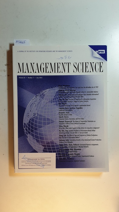 Diverse  Management science : journal of the Institute for Operations Research and the Management Sciences. Vol. 62, Nr. 7., 2016 